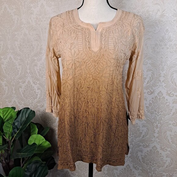 Ombre Embroidered Silk Tunic Cream/Tan/Brown 3/4 Sleeves small/Medium EUC - Picture 1 of 10